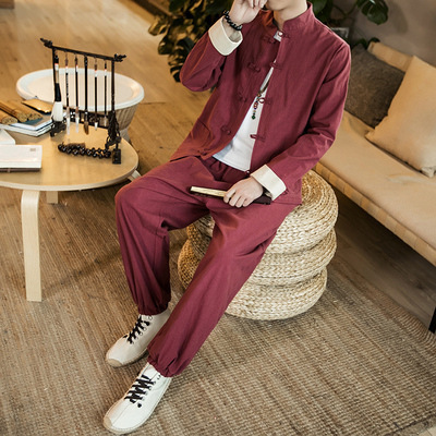 中国風紳士服仏教中国風リネンアウタースーツ若者唐スーツレトロスタイル漢服道教中山服 Yitai|undefined