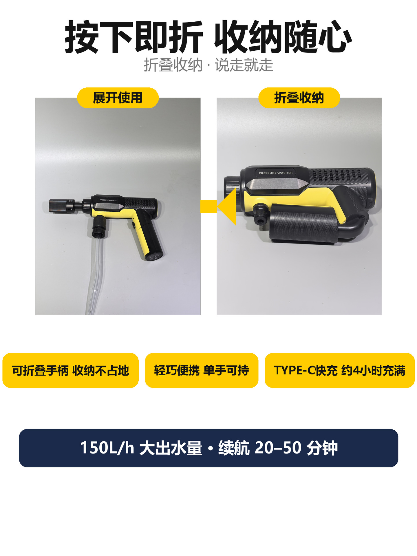 Cross-border wireless high-pressure car wash gun, foldable, high-power, fully automatic, lithium battery-powered car wash gun, wholesale
