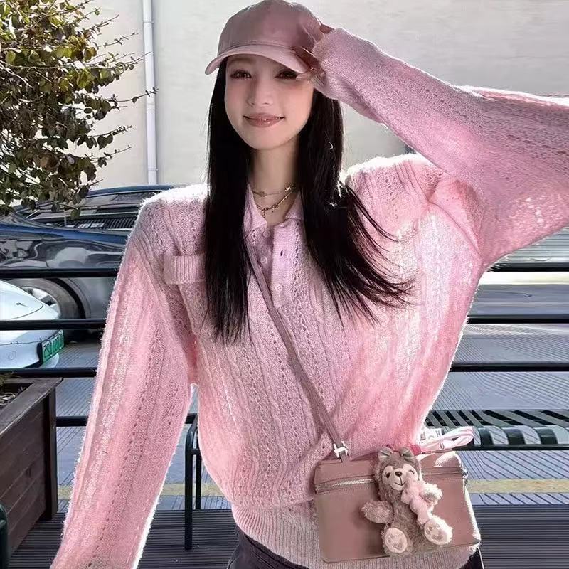 French Polo Collar Pink Cut-Out Long-Sleeved Knitwear for Women 2026 Early Spring New Style Unique and Beautiful Loose Top French Polo Collar Pink Cut-Out Long-Sleeved Knitwear for Women 2026 Early Spring New Style Unique and Beautiful Loose Top