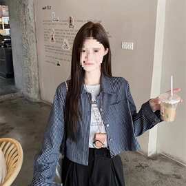 复古条纹领长袖磨毛衬衫女秋季新款短款宽松上衣