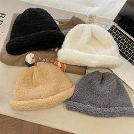 简单款圆顶毛圈圈加厚针织帽纯色保暖卷边盆帽黑色休闲丸子帽女冬