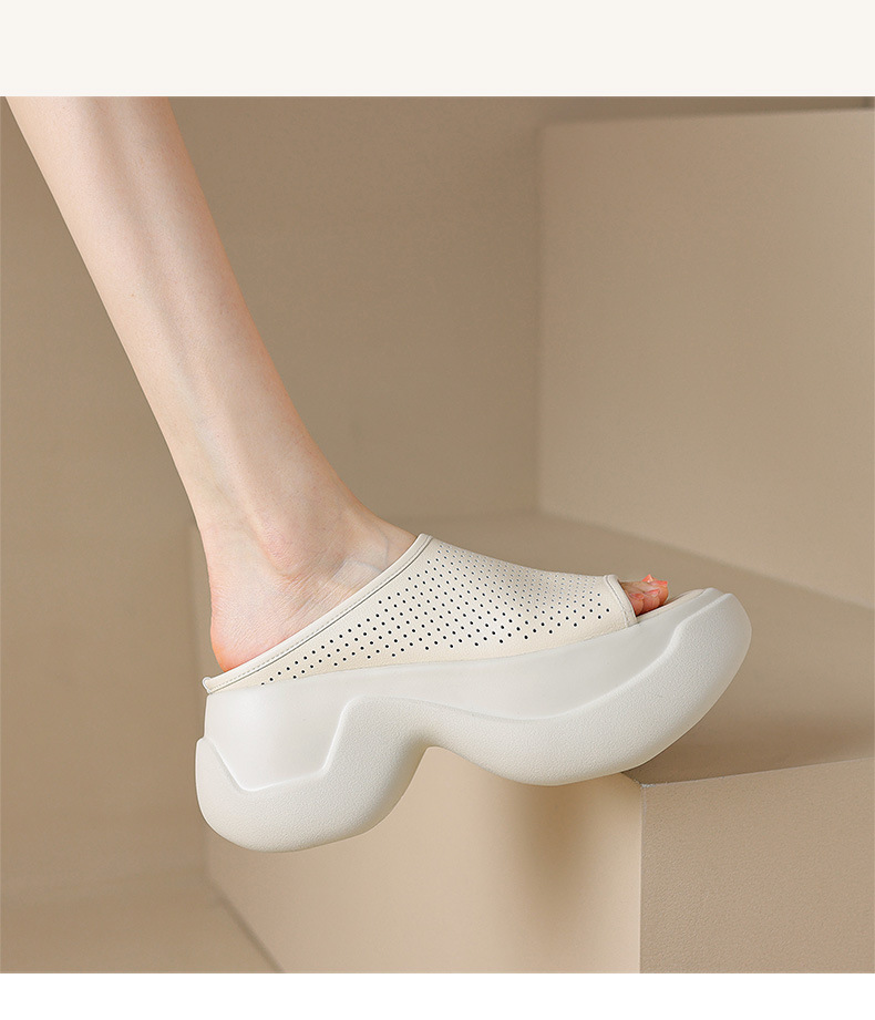 Dép sandal nữ xỏ ngón đế bệt da thật lỗ thoáng khí mùa hè — màu đen, màu trắng ngà chi tiết 10