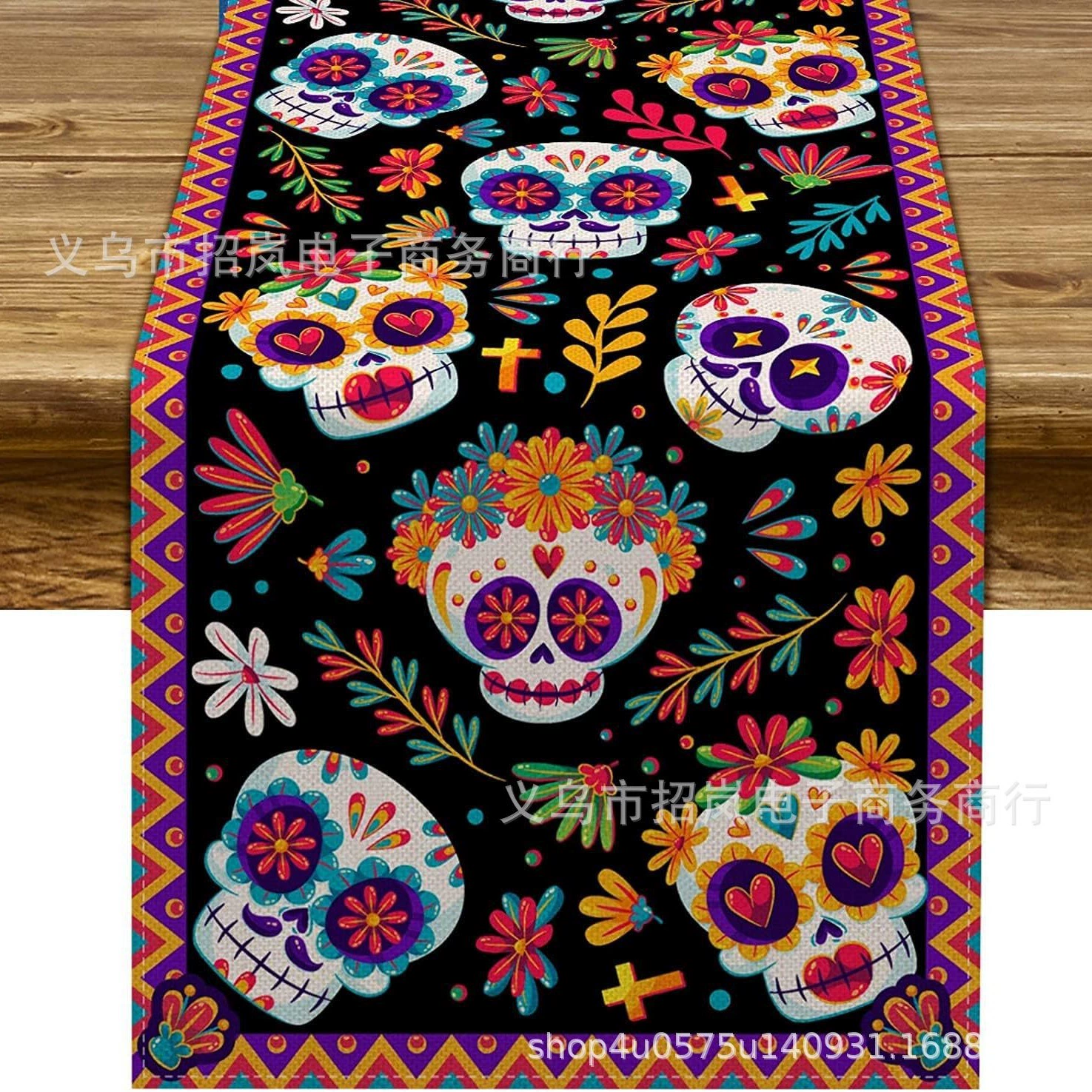 Amazon кросс-бордер новый мексиканский День Ммертве Day of the Dead флаг стола мексиканский сахарный череп кухонное и ресторанное оформление флаг стола