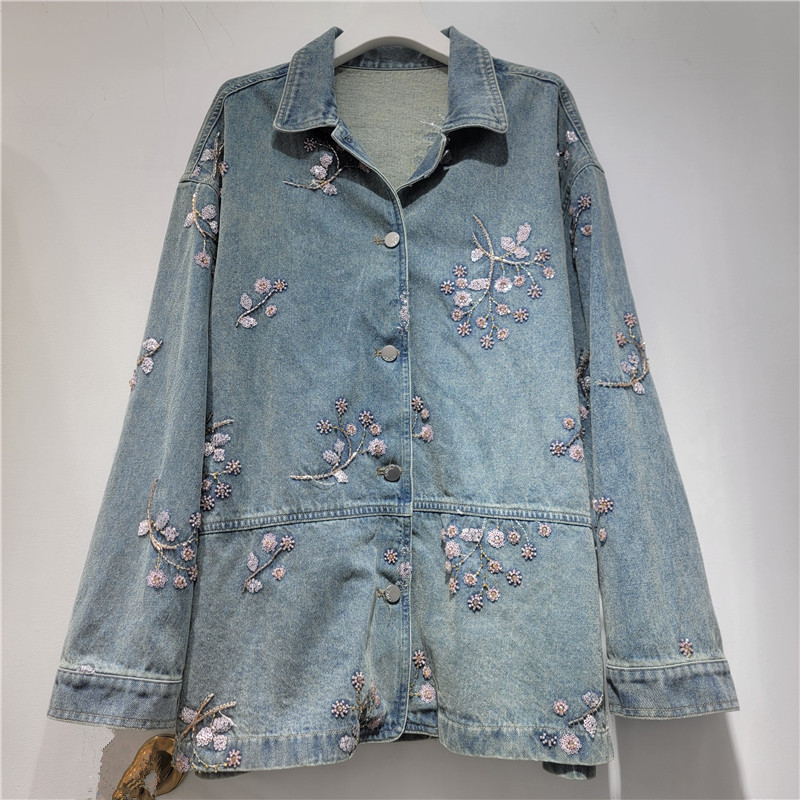 Diseño retro bordado polvo chaqueta denim de sequilla para mujeres 2026 nuevo temperamento chaqueta denim suelta de moda