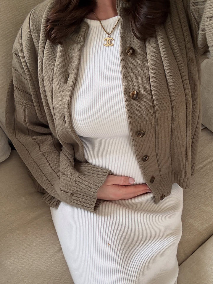 Áo cardigan len dệt kim cổ tròn dáng rộng tay dài nữ — màu vàng, màu xám nhạt chi tiết 30