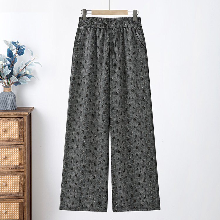 Summer Casual Elastic Waist Wide-Leg Pants for Middle-Aged Women, High-Waisted Slimming Loose Straight Long Pants with Drape Effect