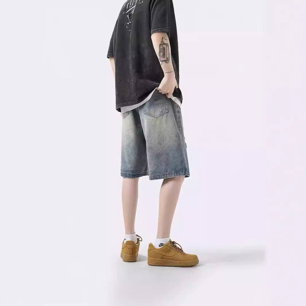 Ripped Denim Shorts Men's Summer Thin American High Street Trendy Brand Outer Wear Straight Pants Handsome Casual Five-point Pants