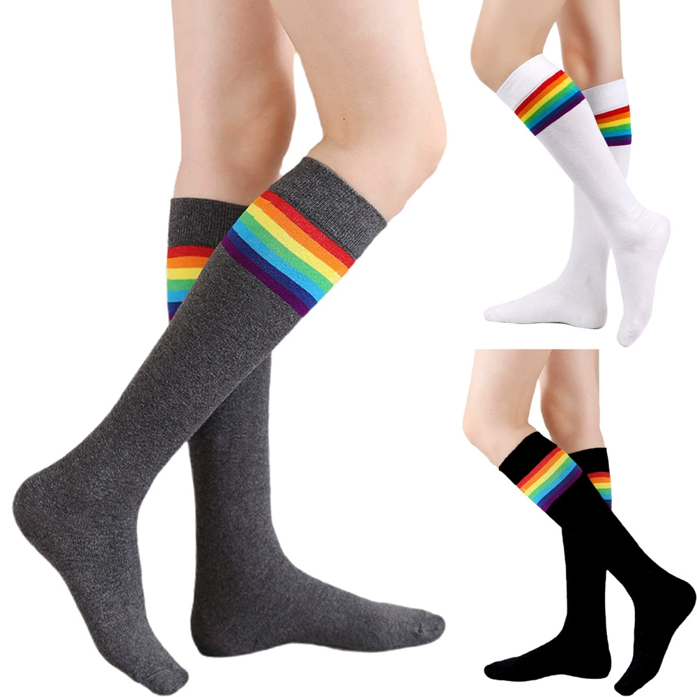 Женские полосатые носки до колена в японском стиле, чесаный хлопок, тонкие носки для взрослых до колена, радужные носки с напуском, японские и корейские хлопковые носки до середины икры.