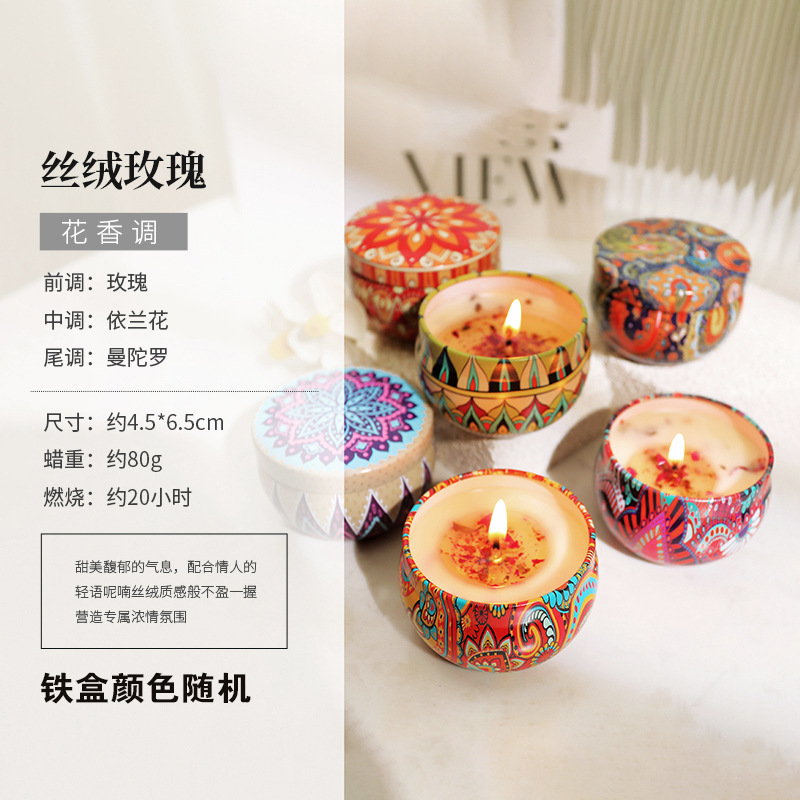 Étnico flor seca aromaterapia vela caja de hierro Regalo de Cumpleaños dormitorio decoración dormir fragancia vela caja de regalo al por mayor