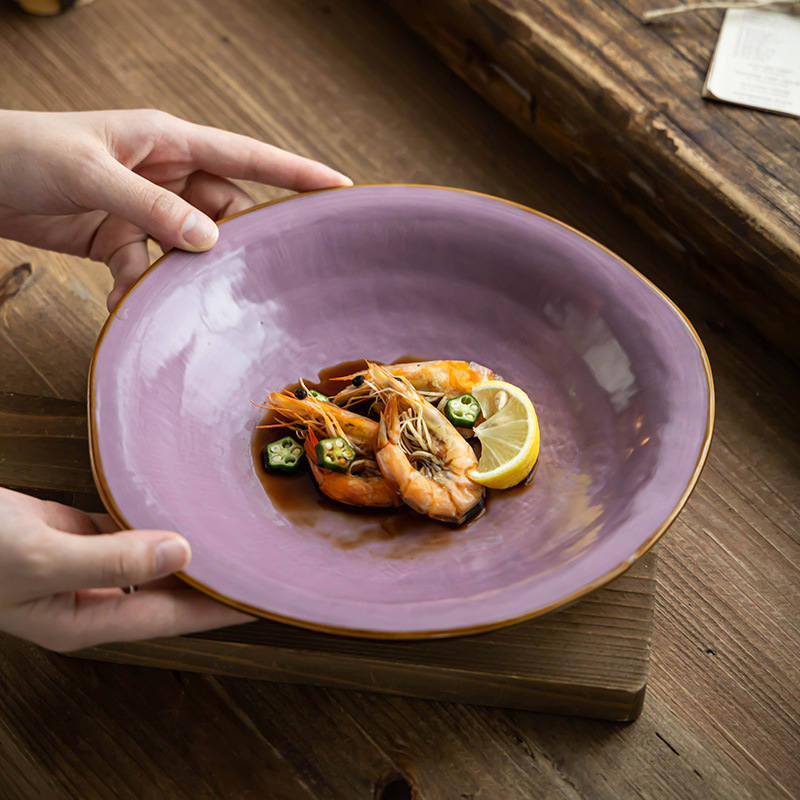 Plato grande de cerámica irregular, plato para carne al estilo occidental, plato para pasta, plato morado texturizado de estilo nórdico, vajilla para el hogar