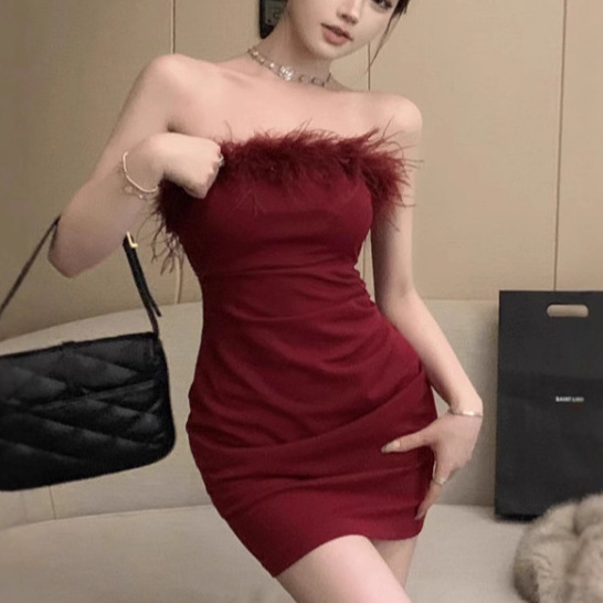 Ins Pure Desire Royal Sister Style One-Line Fur Collar Tube Top Slim Hip Skirt Sexy Sexy Hip Skirt Dress for Women