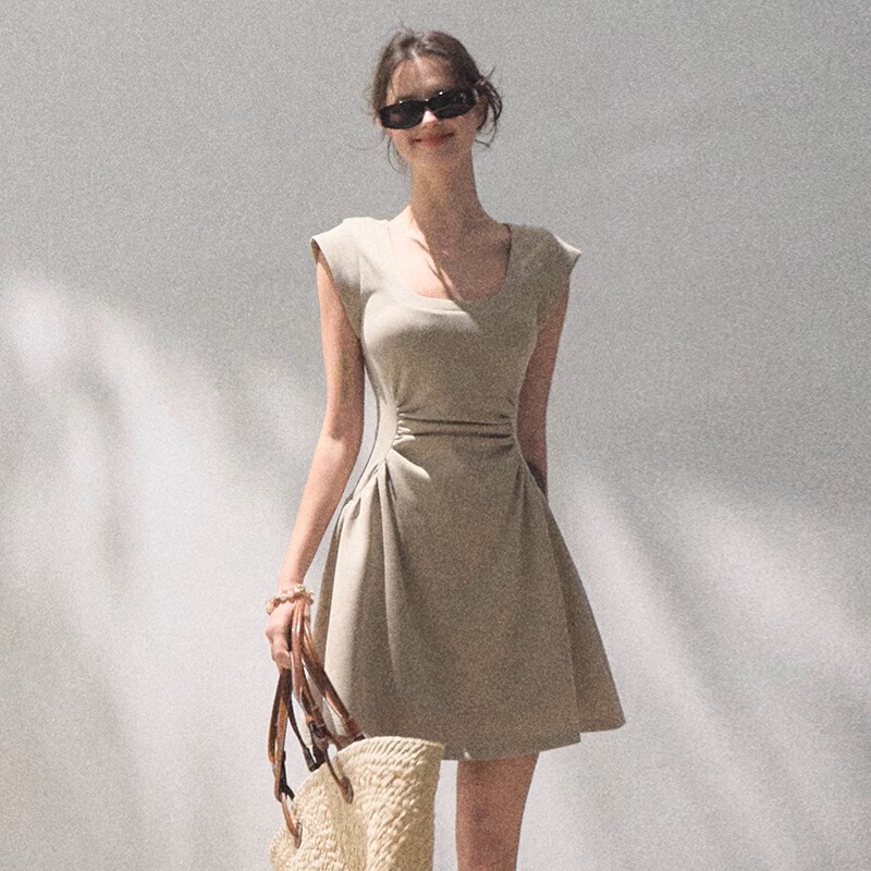 Oakmo Basic* Xiaodao's Summer Lyocell Uネック肌に優しいデイリー直角肩ウエストドレス|undefined