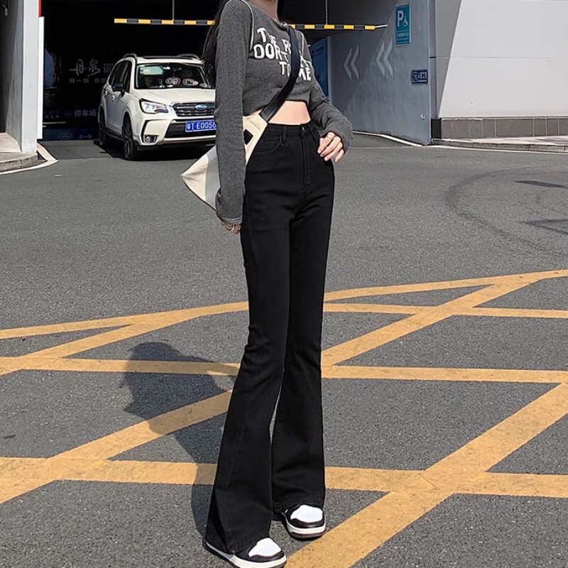 Black Micro-flared Jeans Women's 2024 Summer Thin Slim High Waist Trousers Stretch Horseshoe Pants