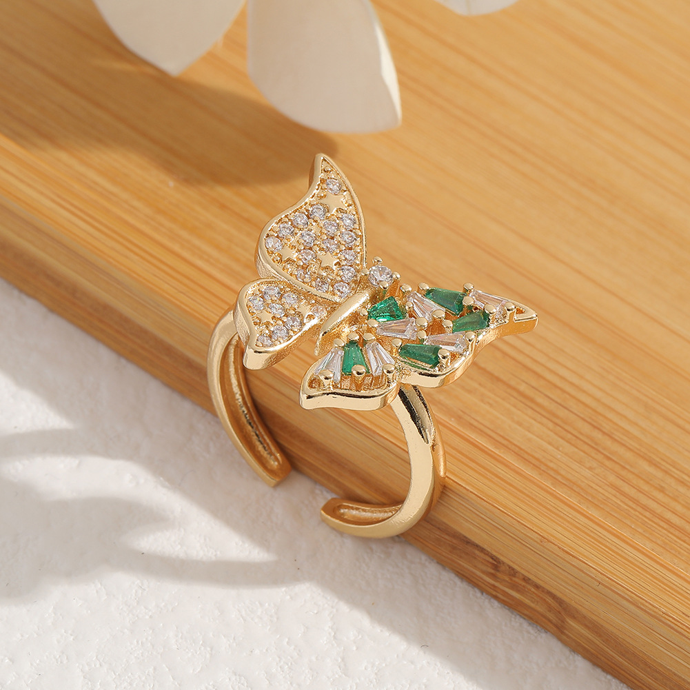 Fashion Diamond Green Zircon Summer Butterfly Open Copper Tail Ring display picture 3