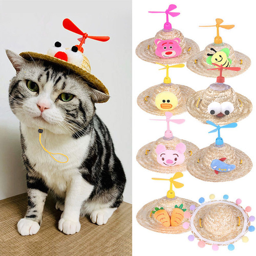 Amazon Foreign Trade Pet Straw Hat Pet Hat Headwear Cat Dog Decoration Small Puppy New Bamboo Dragonfly