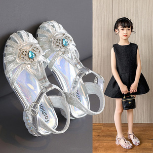 Girls Sandals Elsa Princess Shoes 2024 New Summer Little Girls Crown Baby Soft Sole Children's Crystal Shoes