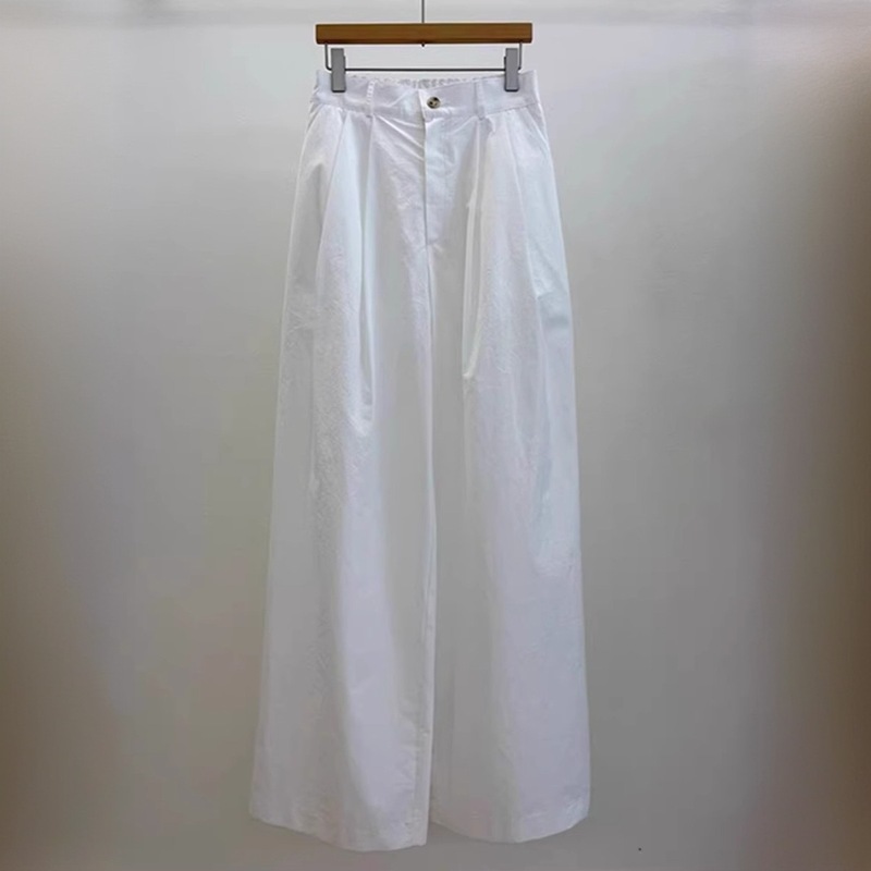 女性用の柔らかい日本製の白いハイウエストワイドレッグパンツ、夏用の小柄な人向けの多用途のストレートレッグルーズパンツ|undefined