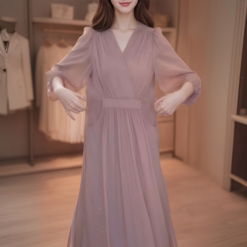 轻奢感气质领中长款连衣裙女2025夏季法式复古收腰显瘦裙子女|undefined