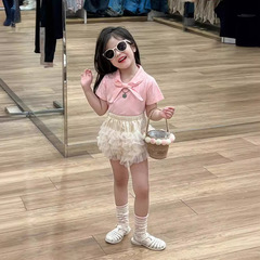 童裝女童套裝2024夏裝粉色領結短袖襯衫上衣網紗層層蛋糕裙半身裙