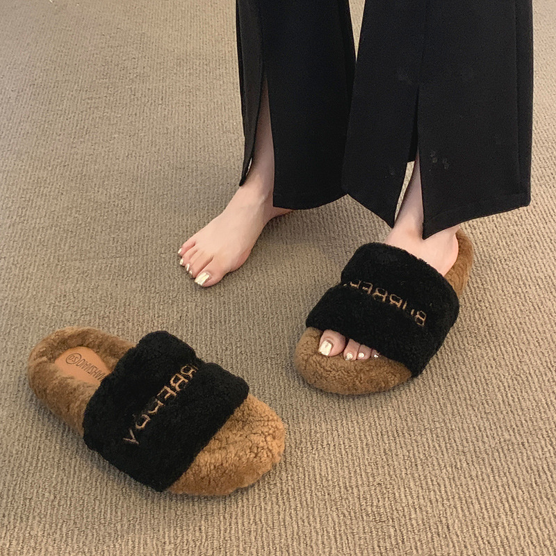 Furry slippers for women's outer wear 2023 new style fashionable lamb wool comfortable and versatile thick-soled one-line letter trendy slippers_voghion.com
