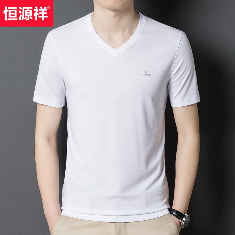 Hengyuanxiang шелковая футболка с короткими рукавами, тонкий v-образный вырез, новинка лета 2025, топ из ледяного шелка для среднего возраста, футболка, мужская одежда