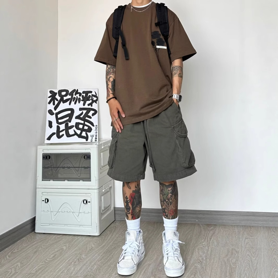 Japanese-Style Work Shorts for Men, Summer Retro Trendy Brand, Straight-Leg Multi-Pocket Wide-Leg Mountain-Style Loose Casual Knee-Length Shorts