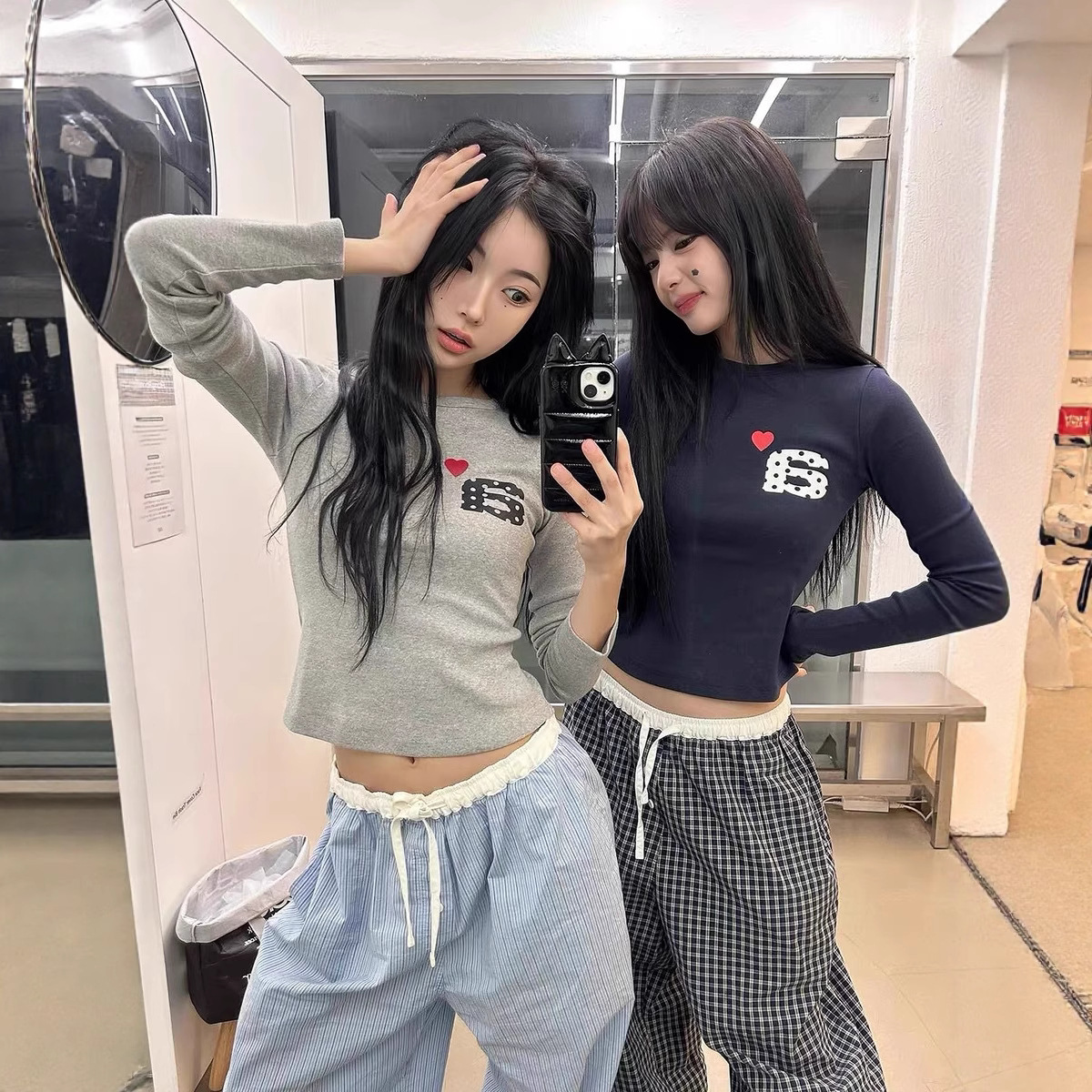 25 Autumn New Ae* Korean Niche Design Heart Polka Dot Letter Short Long-Sleeved Bottoming T-Shirt Tops for Women