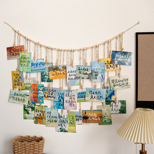 Hanging Photo Wall Without Punching Wooden Beads Hemp Rope Clip String Photo Wall Storage Display Creative Home Decoration