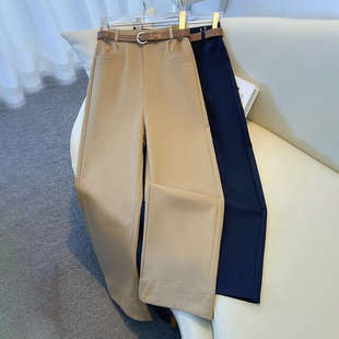 Trendy High-Waisted Slimming Dark Blue Straight-Leg Pants for Women, New Korean Style Casual Wide-Leg Suit Pants