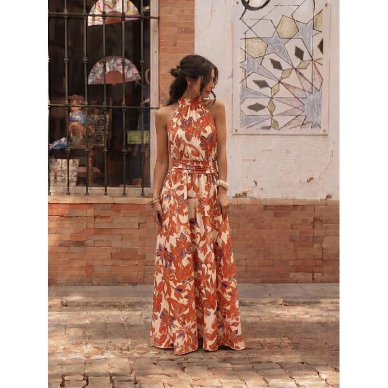 Amazon Cross-Border European Goods Elegant Halter Neck Long Dress with Tropical Floral Print and Ruched Waist, Flowy Vacation Dress Amazon Cross-Border European Goods Elegant Halter Neck Long Dress with Tropical Floral Print and Ruched Waist, Flowy Vacation Dress