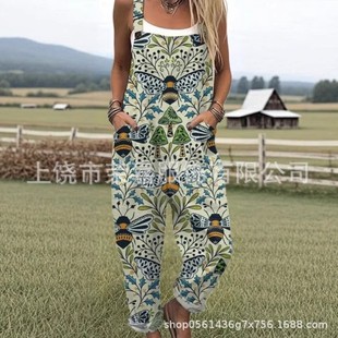 2025 Cross-Border New Women's Clothing Amazon European and American Summer Digital 3D Printed Button Suspenders Casual Pants Suspenders