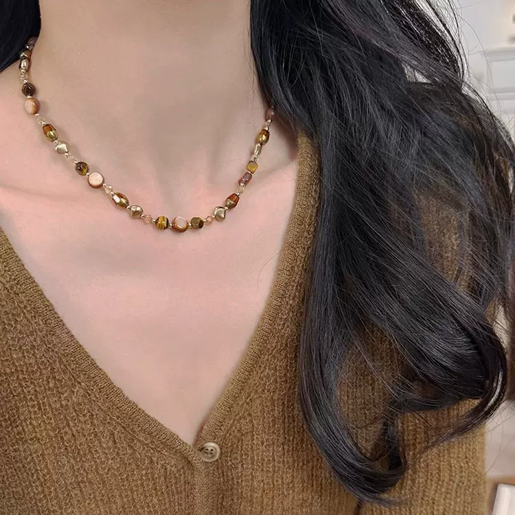 美拉德天然石虎眼项链不掉色女珍珠项链秋冬高级感锁骨链配饰首饰