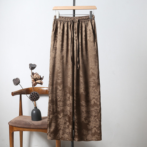 Classical all-matching satin elastic high waist New Chinese jacquard straight leg pants China style women's casual pants show leg length