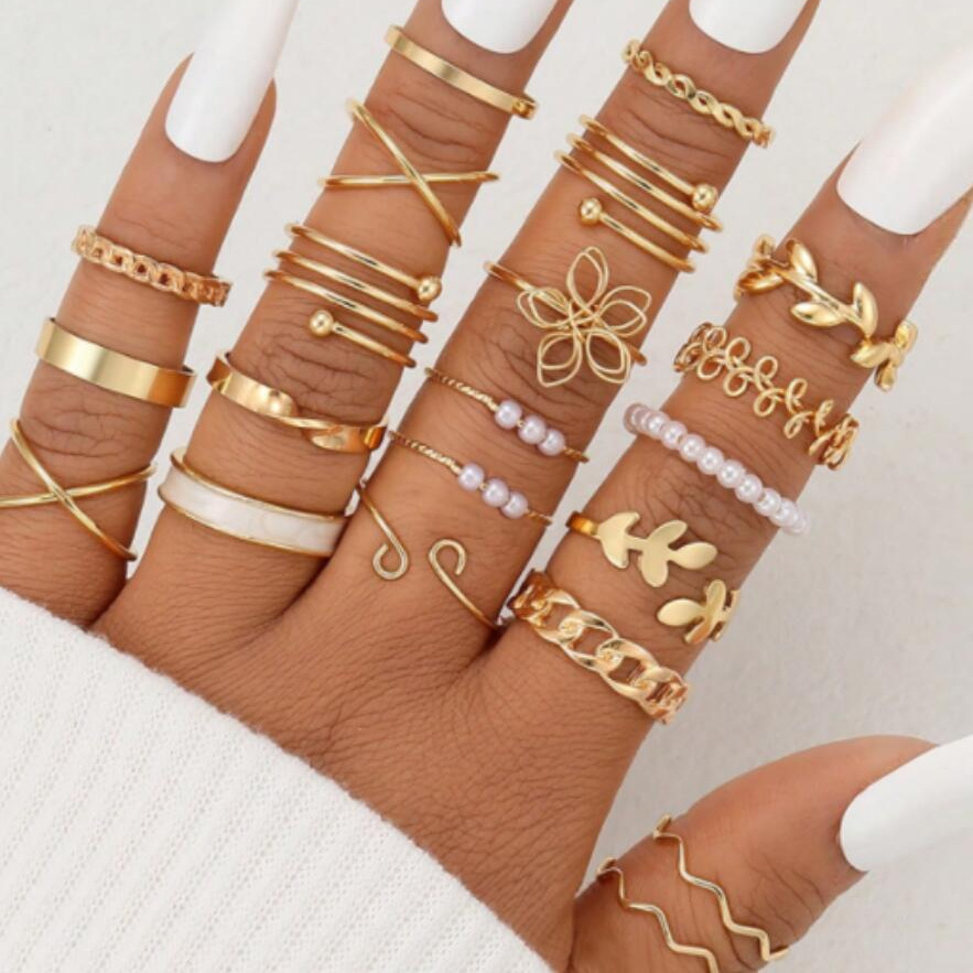 Anillo de Hoja de Mariposa con Efecto de Goteo de Aceite, Superventas Transfronterizo, Juego de Anillos Multiarticulados, Juego de 21 Piezas, Anillo Geométrico con Corazón Hueco