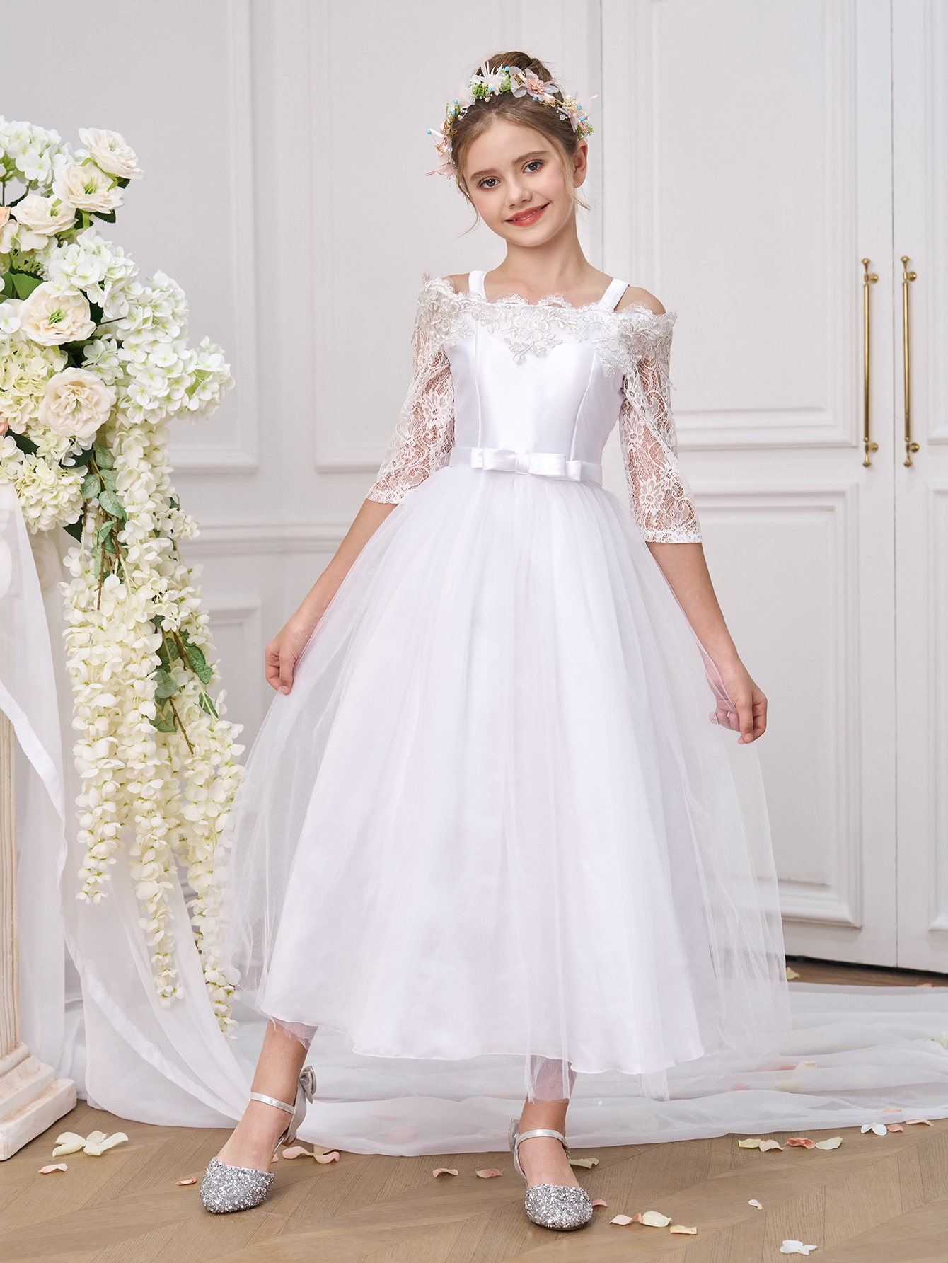 Nuevo vestido de niña grande, vestido de princesa de media manga de encaje, vestido de noche de niña de un hombro, vestido de actuación de pasarela, vestido de satén