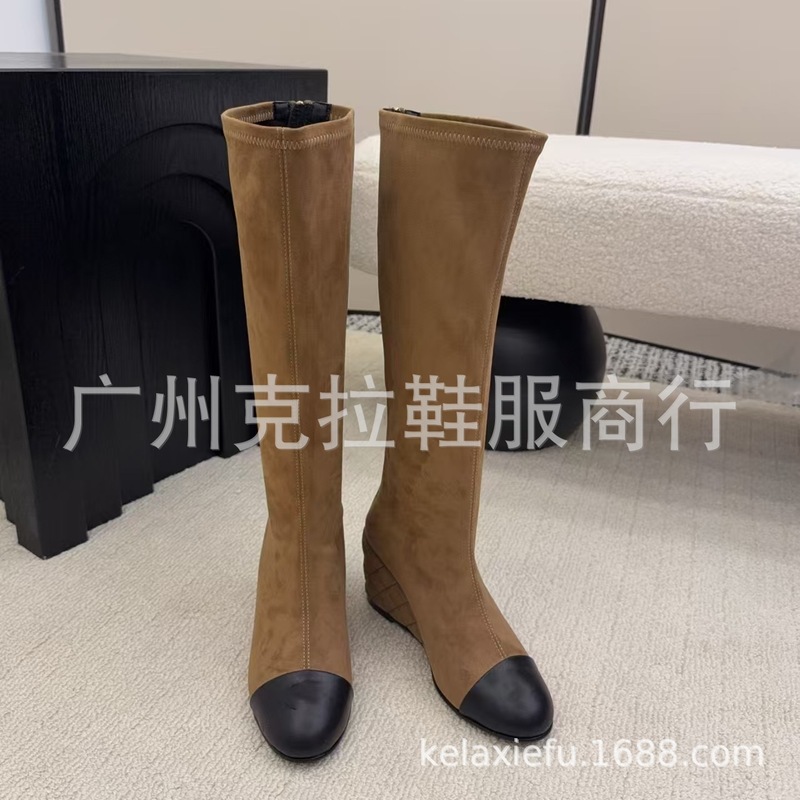 高定2025秋冬小香真皮圆头坡跟后拉链高筒弹力瘦瘦靴高跟不过膝靴|undefined