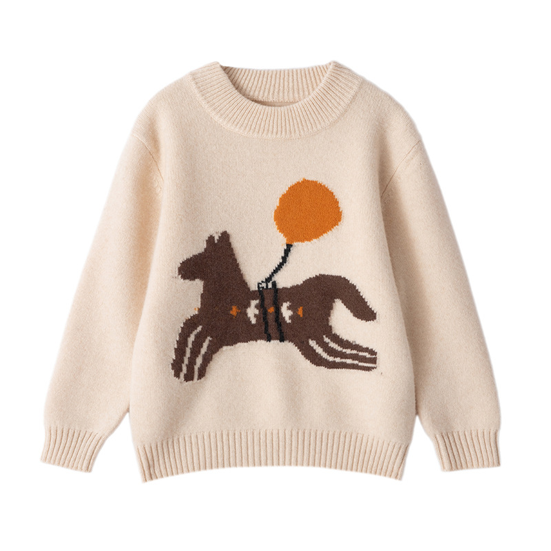Children's wool sweater, retro hand-painted pony high-neck sweater, loose knit pullover top for medium and large children