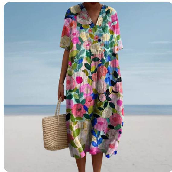 Cross-Border Independent Station Amazon Shirt Dress Women's Casual Floral 3D Printed Sleeve Short-Sleeved Long Skirt