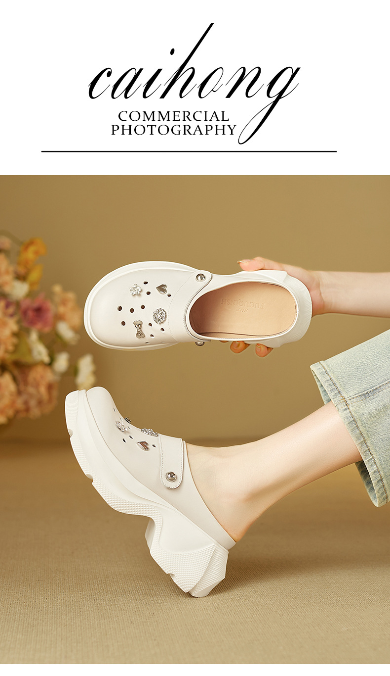 Dép lê nữ mũi nhọn da bò đế dày gót cao 9 cm — màu trắng ngà chi tiết 1