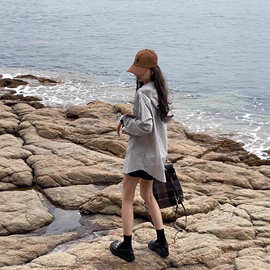 连帽条纹衬衫女 日系复古宽松设计感小众衬衣外套中长款长袖上衣