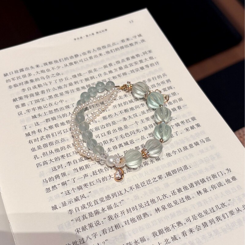 【Qingwu】Original Natural Green Fluorite Pumpkin Beads Wrapped Around Freshwater Pearls Sunflower Water Drop Bracelet Fresh and Refreshing
