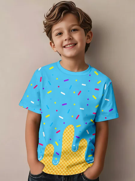 Cross-Border Hot-Selling Ice Cream Short-Sleeve Set, New Summer Printed Short-Sleeve Set, 3D Printed Cartoon T-Shirt, Ice Cream