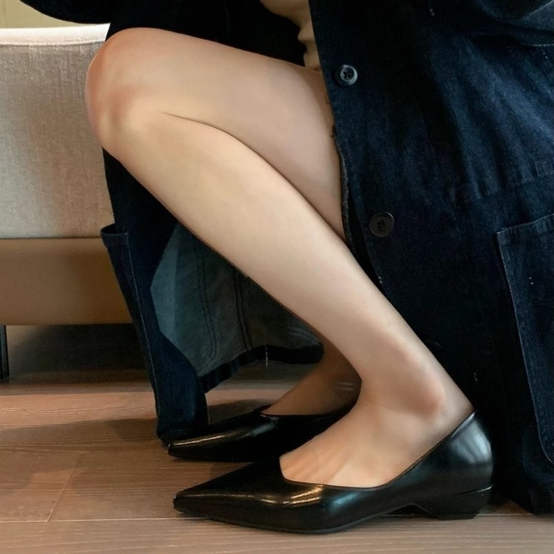 现货~2025秋新款法式黑色尖头粗跟单鞋女浅口中跟女鞋通勤工作鞋|undefined