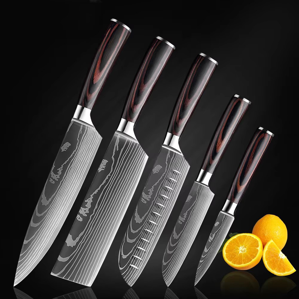Venta caliente transfronteriza patrón de Damasco cuchillo de chef mango de madera de color cuchillo de cocina de acero inoxidable juego de cuchillos de estilo japonés Sande al por mayor
