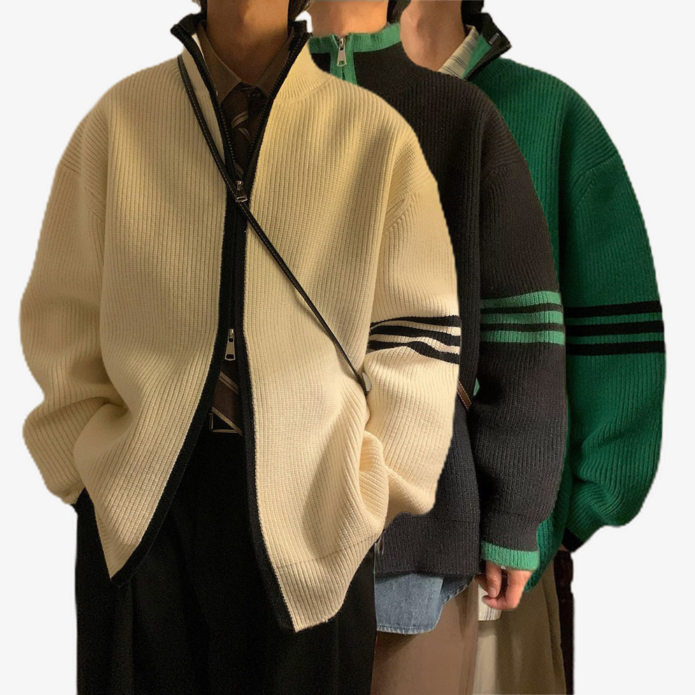 Explosiones transfronterizas de tamaño europeo de tamaño grande suéter a rayas de tres varillas de cuello masculino Cardigan chaqueta fábrica de jersey al por mayor