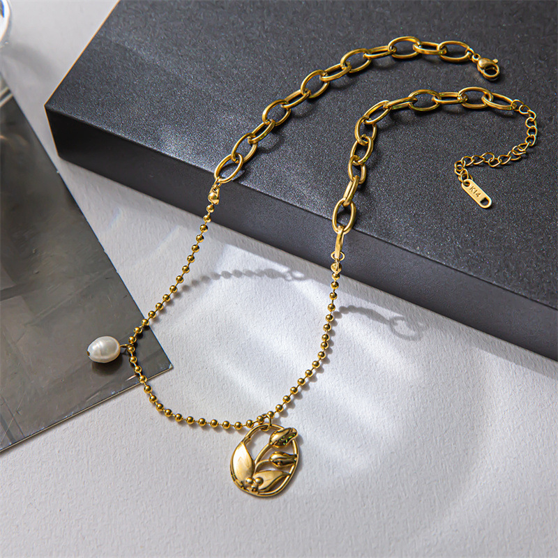 1 Piece Retro Tulip Titanium Steel Inlay Artificial Pearls Necklace_colorza_5