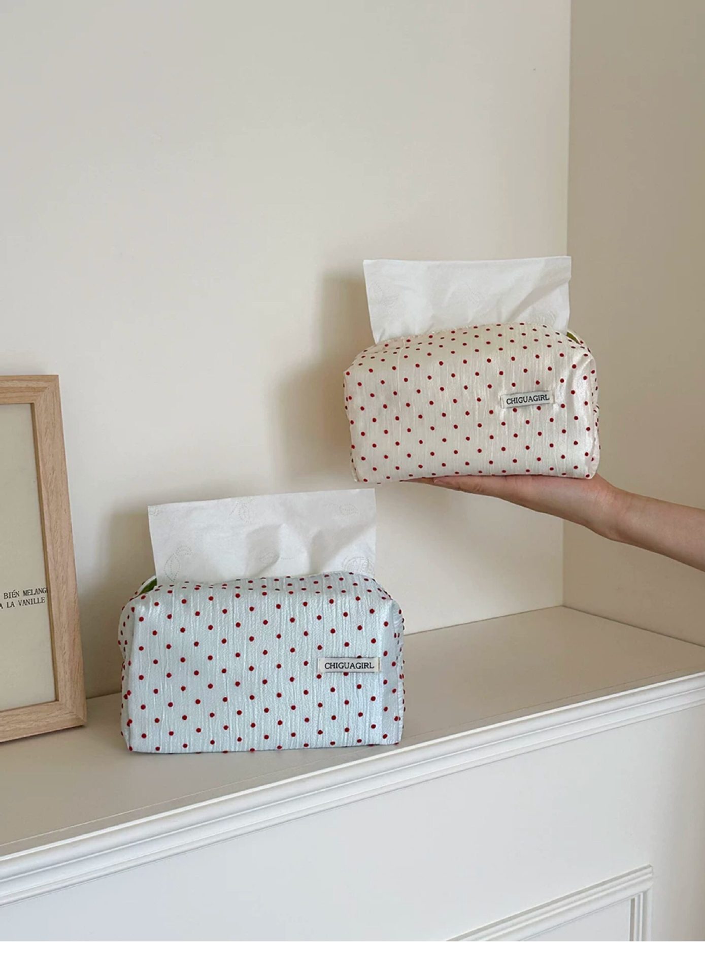 Nordic-style polka dot tissue box, fabric rectangular countertop home storage box, Korean-style ins tissue box decoration