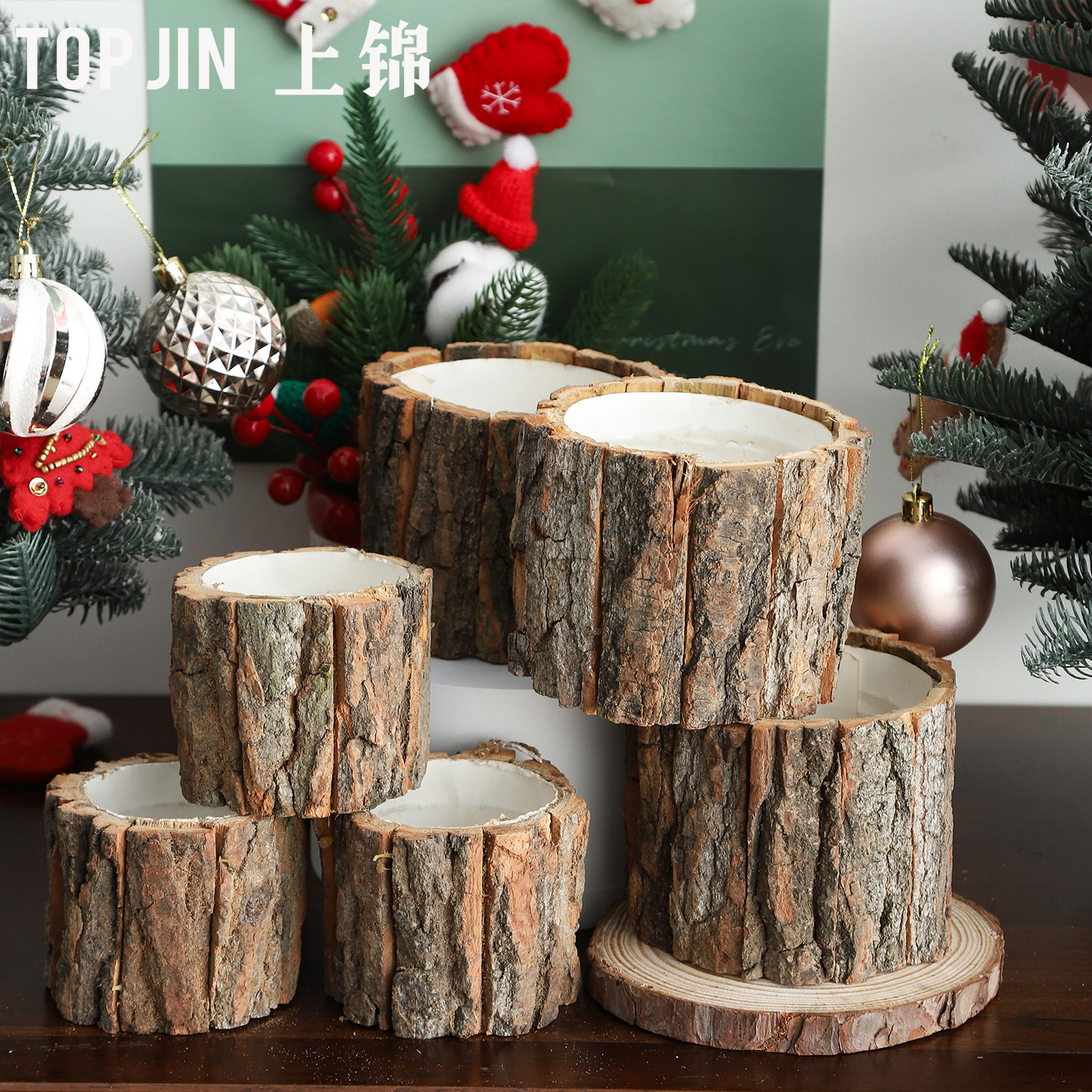 Fábrica al por mayor árbol de Navidad Cubo de cuero Torre de fresa Ramos Cubo de arreglos florales Caja de regalo de bricolaje Cubo de abrazo navideño de estilo pastoral