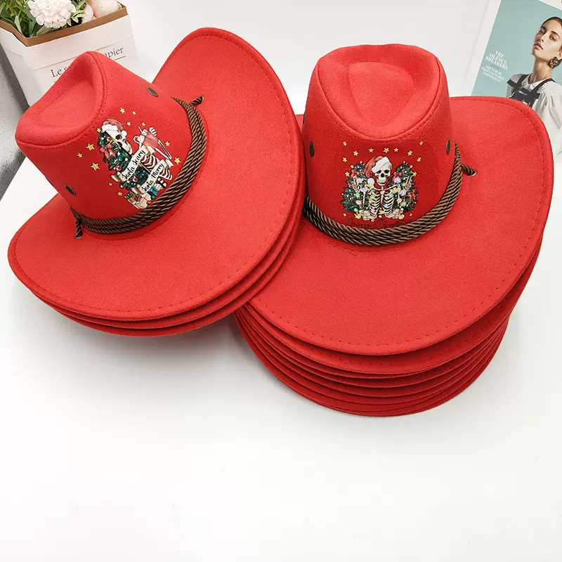 新款跨境欧美圣诞系列礼帽高级感翘边牛仔帽舞台节日表演帽红礼帽