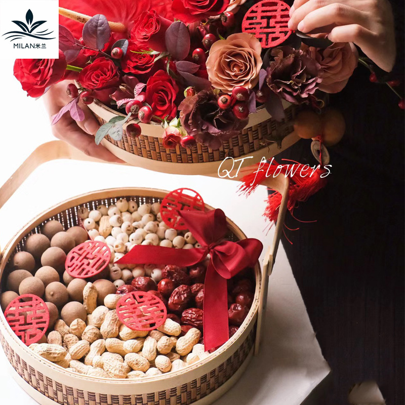 Nuevo estilo chino de bambú de doble capa de mano cesta de flores tejida a mano cesta de arreglos florales cesta de frutas de embalaje